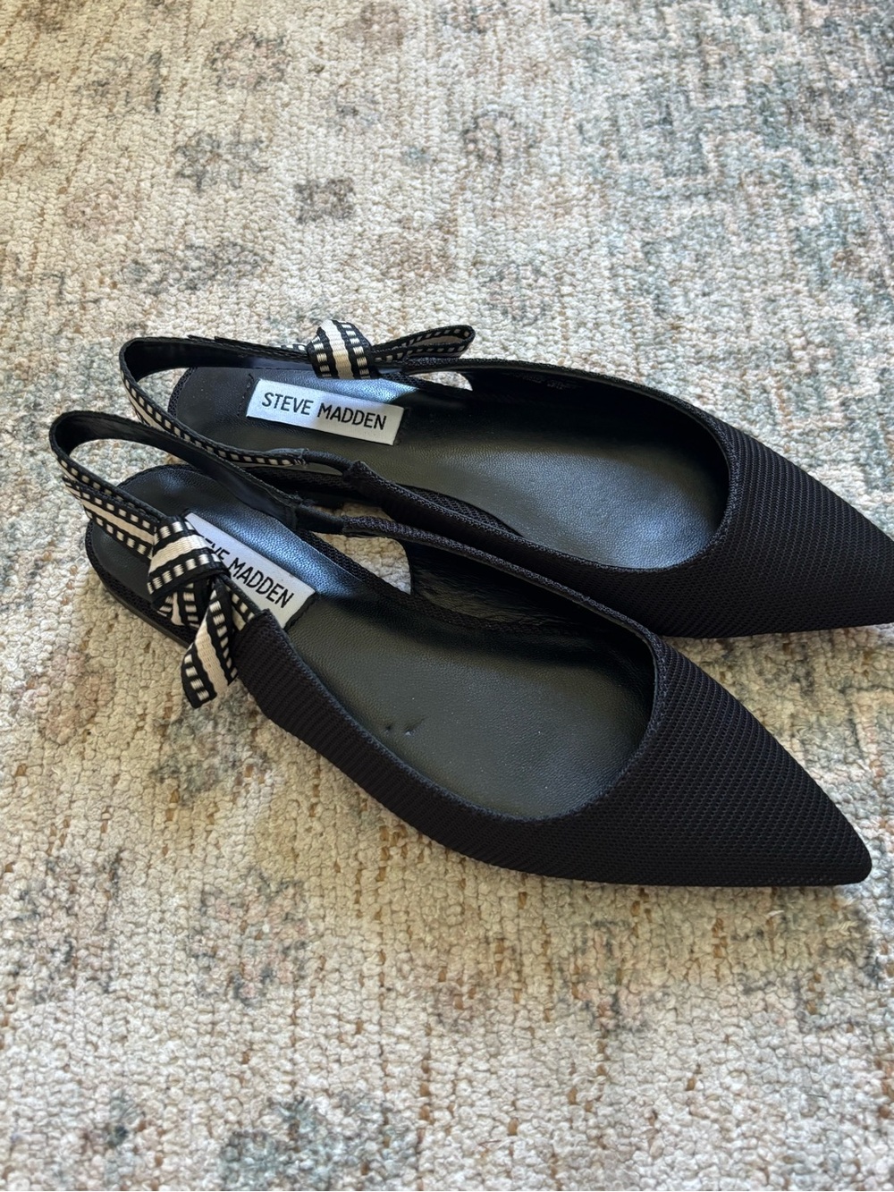 Steve Madden Black Pointed Slingback Flats with Bow-Accent Strap